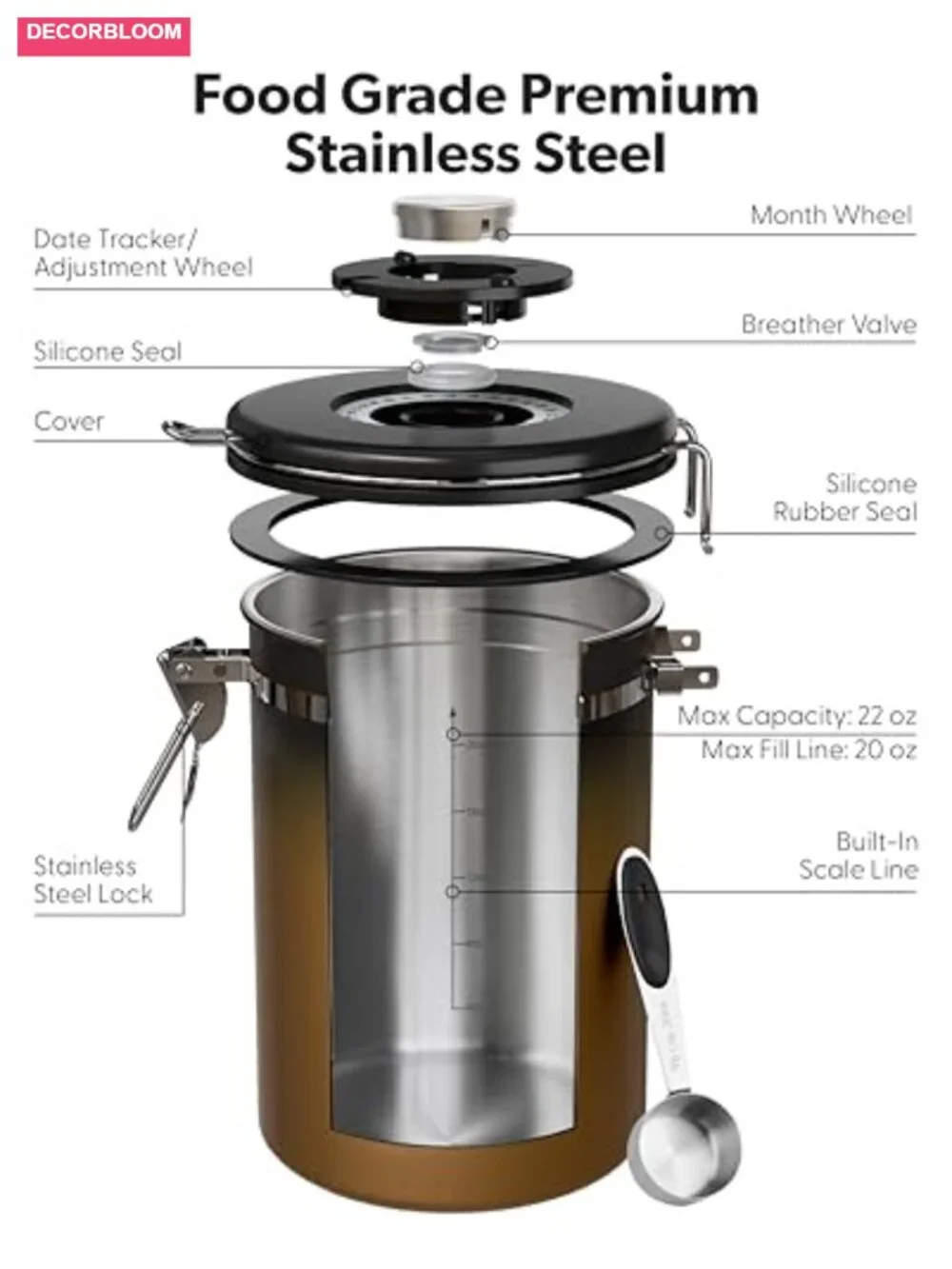 Stainless Steel Coffee Canister Airtight Container 22oz Food Storage
